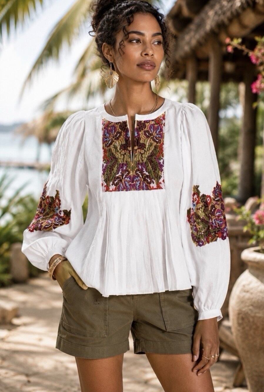 Banana Republic linen bd Embroidered Blouse large fairy Boho Peasant Cottagecore